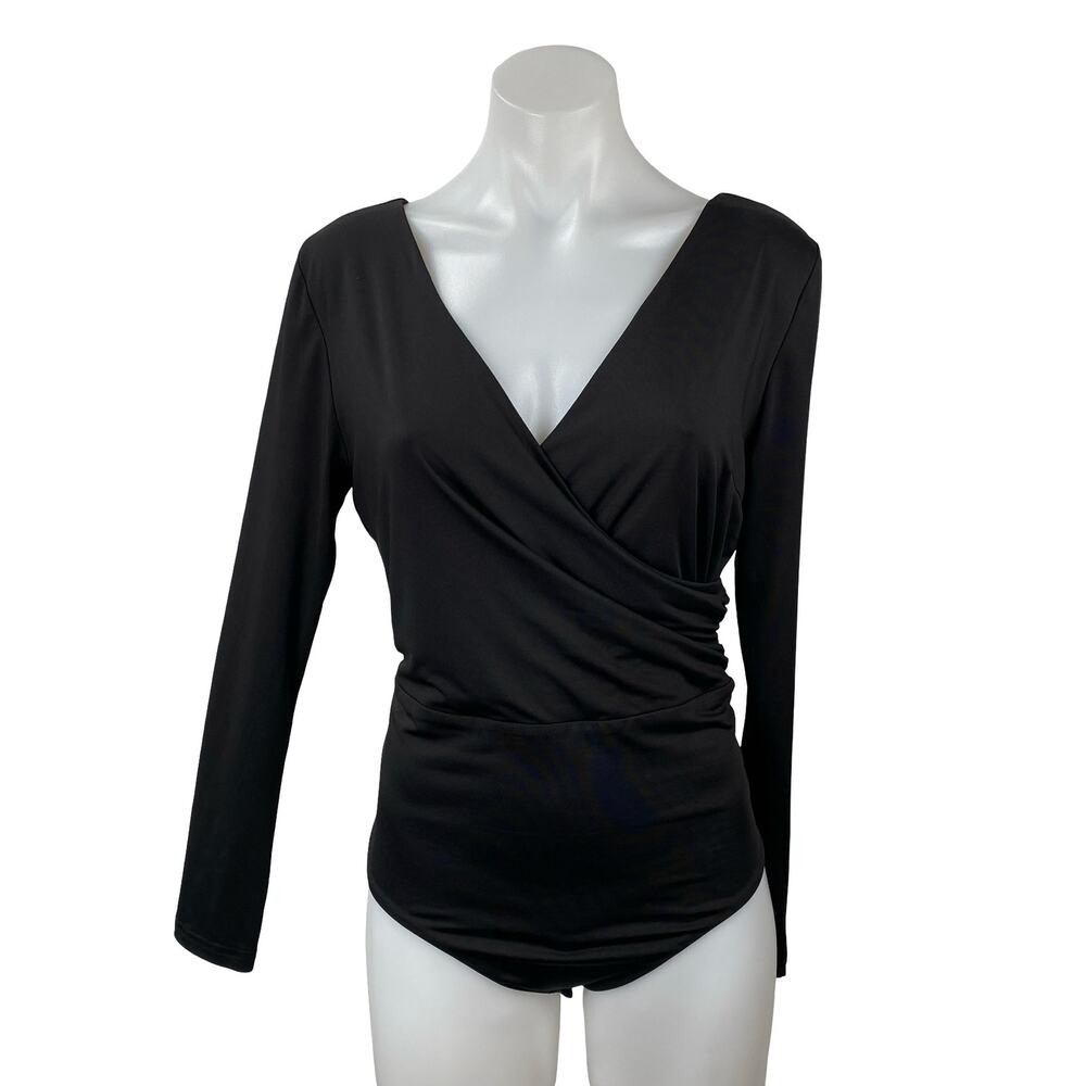 Princess Polly Women's Black Long Sleeve Faux Wrap Drape Bodysuit Top Size 10